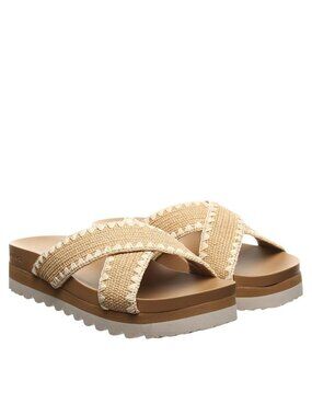 NWT Bearpaw Criss Cross Raffia Crochet Embroidered Sandals Natural Tan Brown 8M